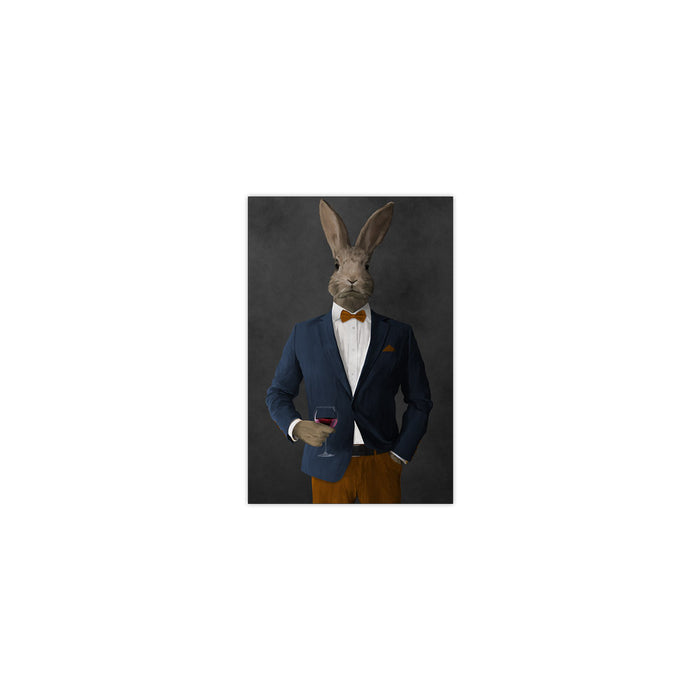 Rabbit drinking red wine wearing navy and orange suit small wall art print