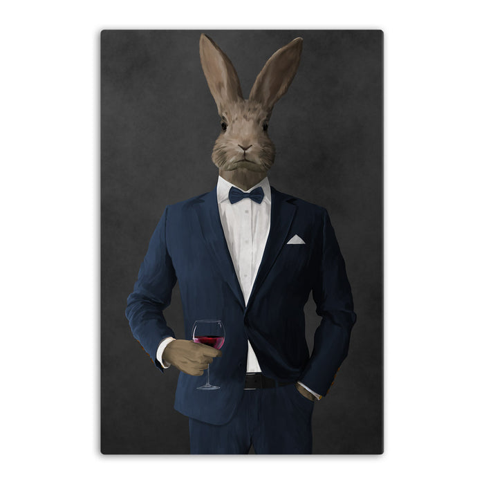 Rabbit drinking red wine wearing navy suit canvas wall art