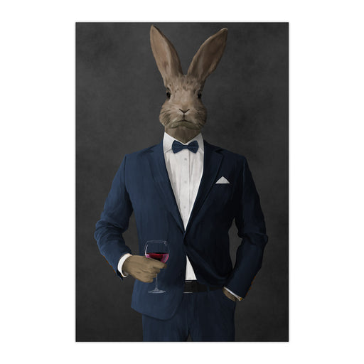 Rabbit drinking red wine wearing navy suit large wall art print