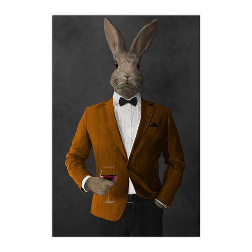 Rabbit drinking red wine wearing orange and black suit large wall art print