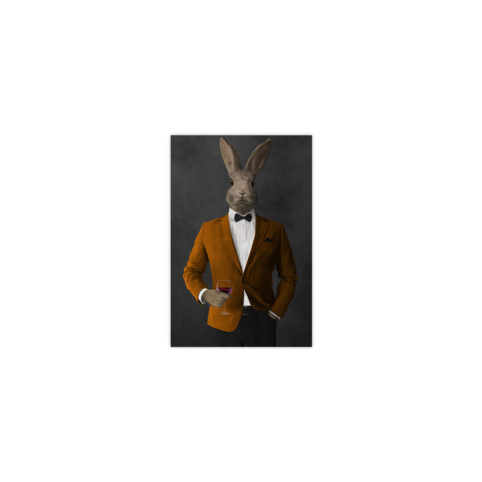 Rabbit drinking red wine wearing orange and black suit small wall art print