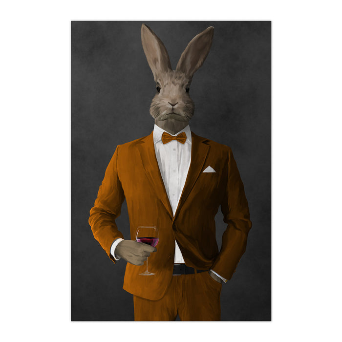 Rabbit drinking red wine wearing orange suit large wall art print