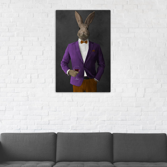 Rabbit Drinking Red Wine Wall Art - Purple and Orange Suit