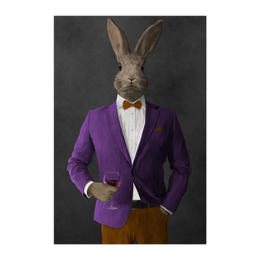 Rabbit drinking red wine wearing purple and orange suit large wall art print