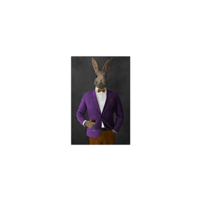Rabbit drinking red wine wearing purple and orange suit small wall art print