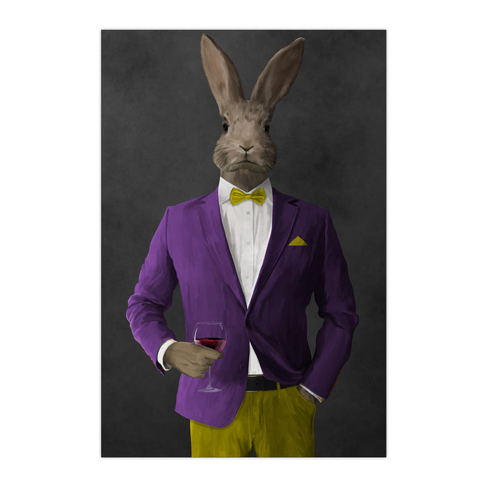 Rabbit drinking red wine wearing purple and yellow suit large wall art print