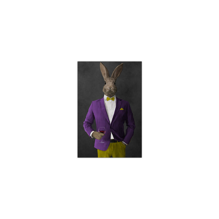 Rabbit drinking red wine wearing purple and yellow suit small wall art print