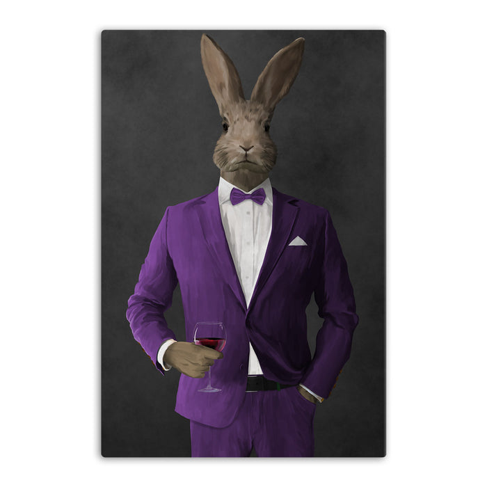 Rabbit drinking red wine wearing purple suit canvas wall art
