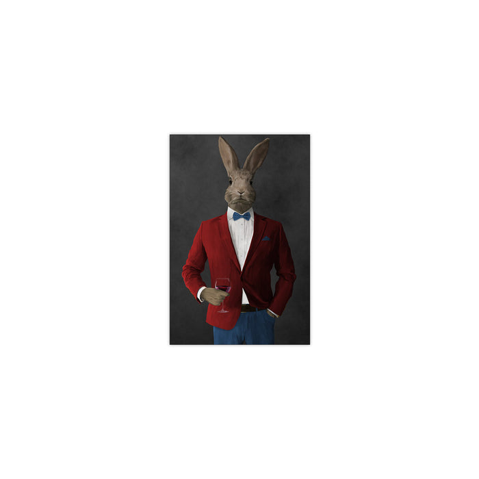 Rabbit drinking red wine wearing red and blue suit small wall art print