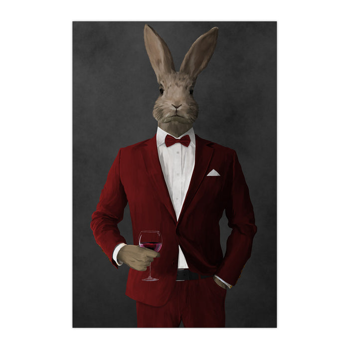 Rabbit drinking red wine wearing red suit large wall art print