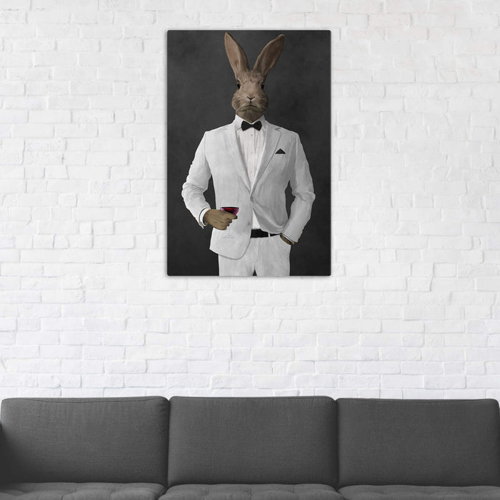 Rabbit Drinking Red Wine Wall Art - White Suit