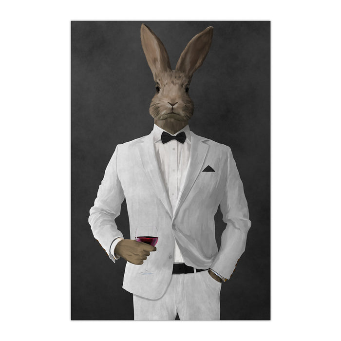Rabbit drinking red wine wearing white suit large wall art print