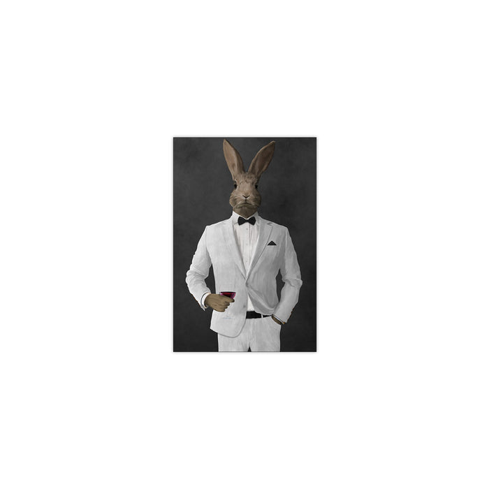 Rabbit drinking red wine wearing white suit small wall art print