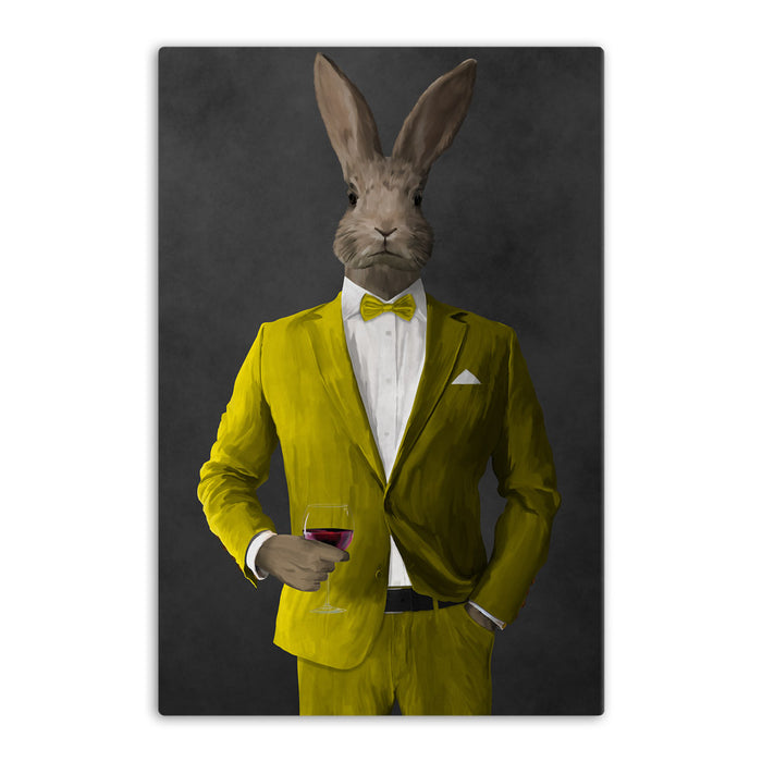 Rabbit drinking red wine wearing yellow suit canvas wall art