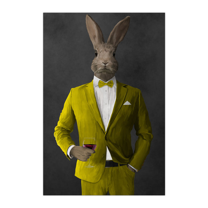 Rabbit drinking red wine wearing yellow suit large wall art print