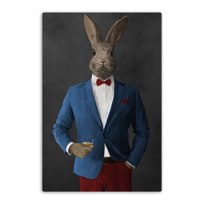 Rabbit drinking whiskey wearing blue and red suit canvas wall art