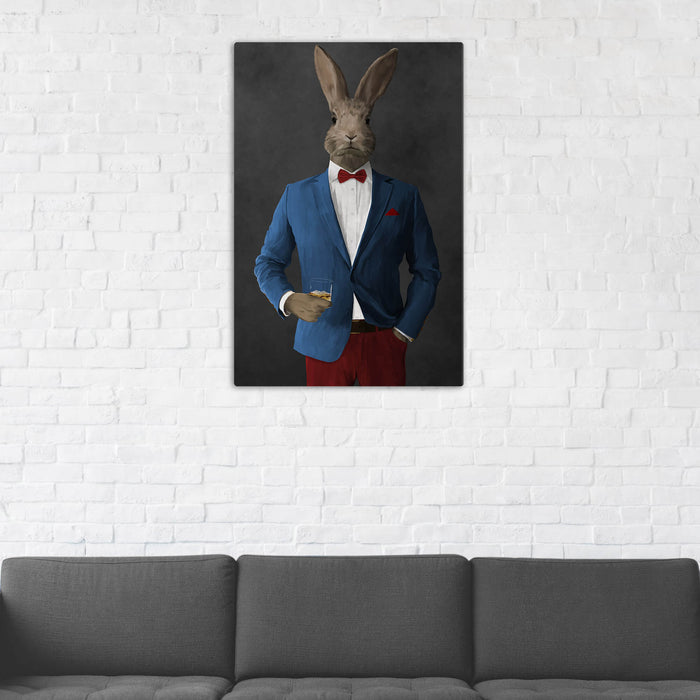 Rabbit Drinking Whiskey Wall Art - Blue and Red Suit