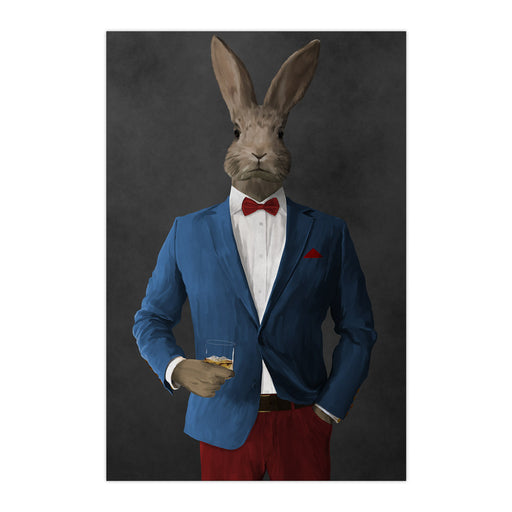 Rabbit drinking whiskey wearing blue and red suit large wall art print