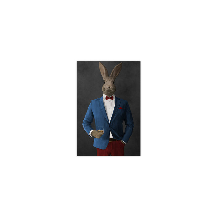Rabbit drinking whiskey wearing blue and red suit small wall art print