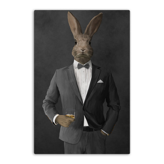 Rabbit drinking whiskey wearing gray suit canvas wall art