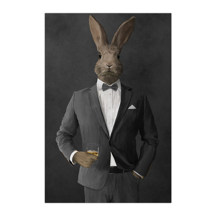 Rabbit drinking whiskey wearing gray suit large wall art print