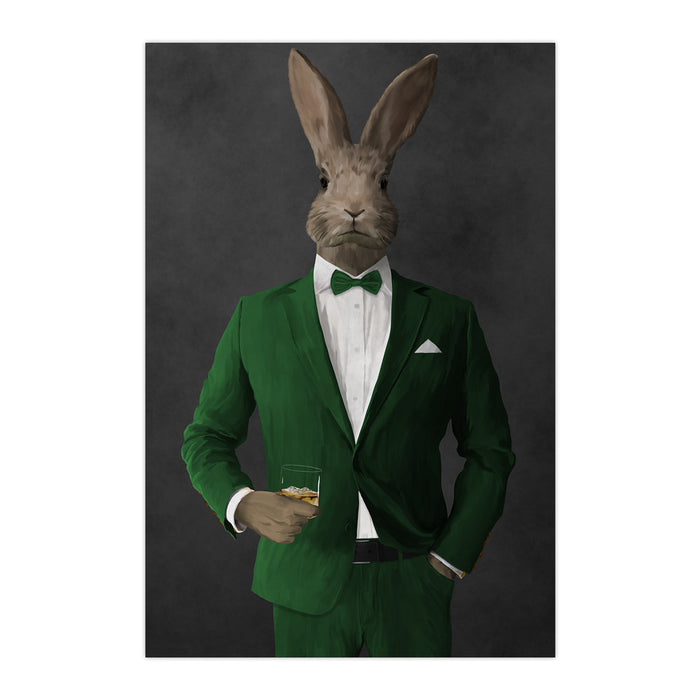 Rabbit drinking whiskey wearing green suit large wall art print