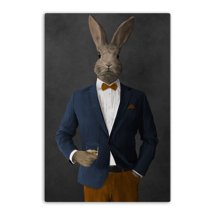 Rabbit drinking whiskey wearing navy and orange suit canvas wall art
