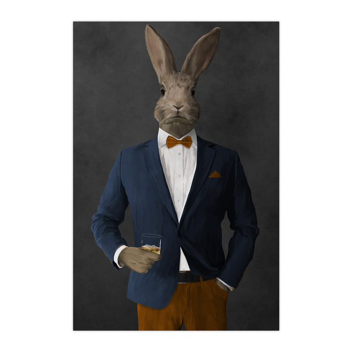 Rabbit drinking whiskey wearing navy and orange suit large wall art print