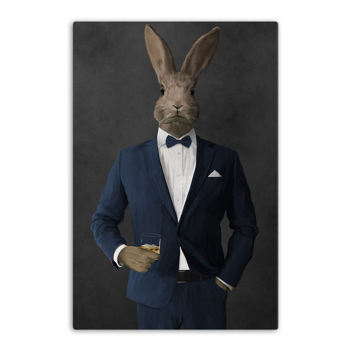 Rabbit drinking whiskey wearing navy suit canvas wall art