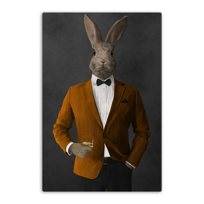 Rabbit drinking whiskey wearing orange and black suit canvas wall art