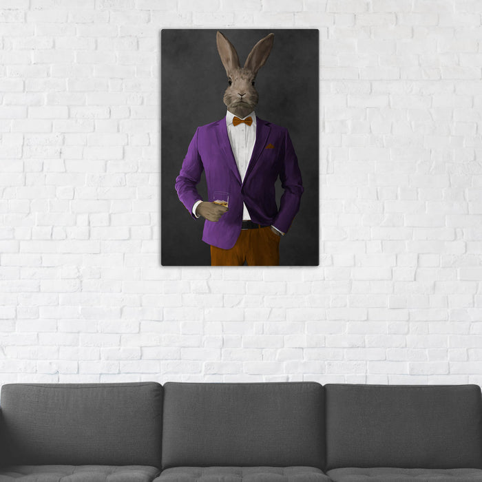 Rabbit Drinking Whiskey Wall Art - Purple and Orange Suit