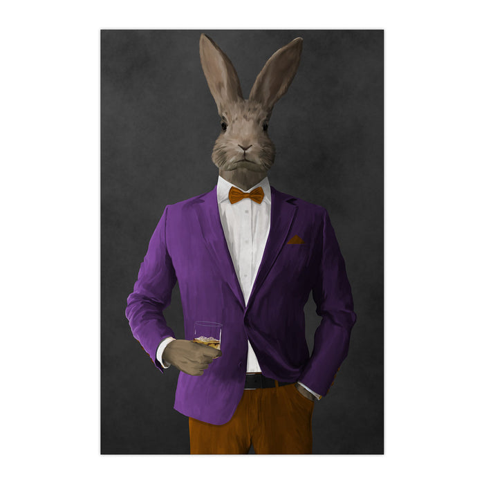 Rabbit drinking whiskey wearing purple and orange suit large wall art print