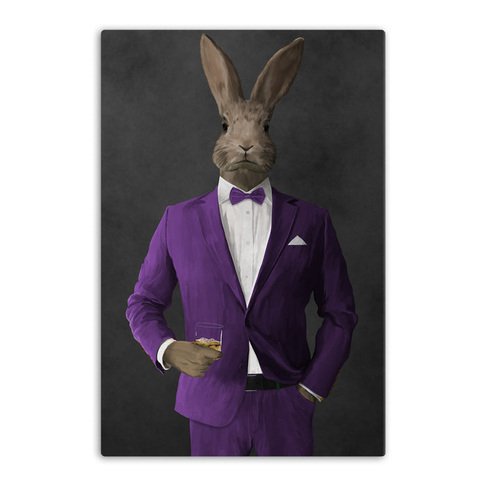 Rabbit drinking whiskey wearing purple suit canvas wall art