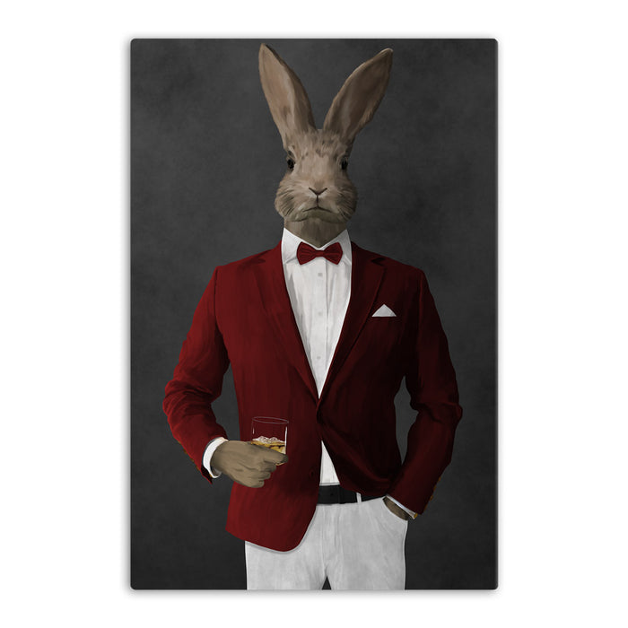 Rabbit drinking whiskey wearing red and white suit canvas wall art