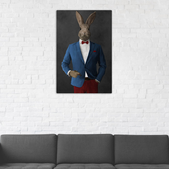 Rabbit Smoking Cigar Wall Art - Blue and Red Suit