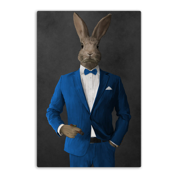 Rabbit smoking cigar wearing blue suit canvas wall art