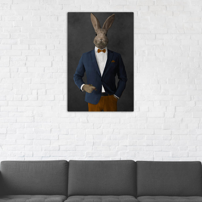Rabbit Smoking Cigar Wall Art - Navy and Orange Suit