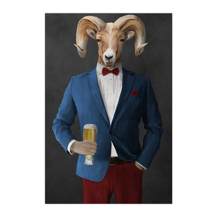 Ram Drinking Beer Wall Art - Blue and Red Suit