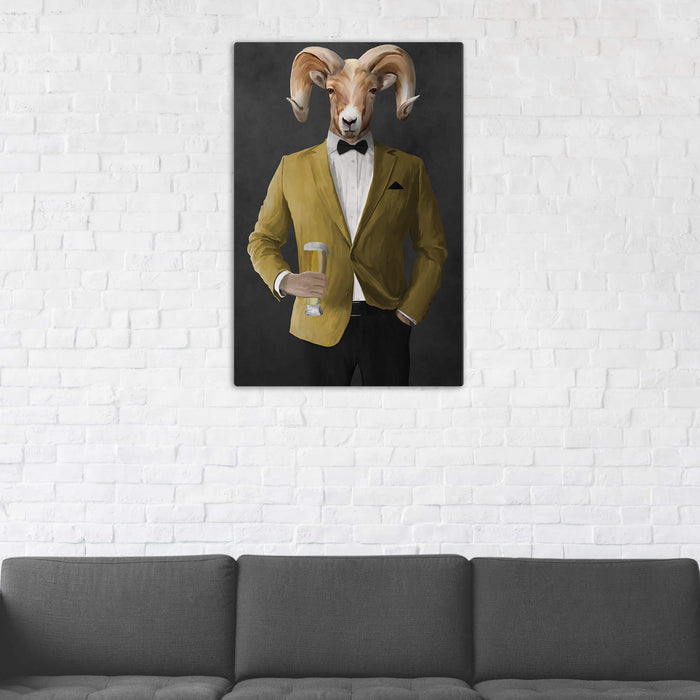 Ram Drinking Beer Wall Art - Gold Suit