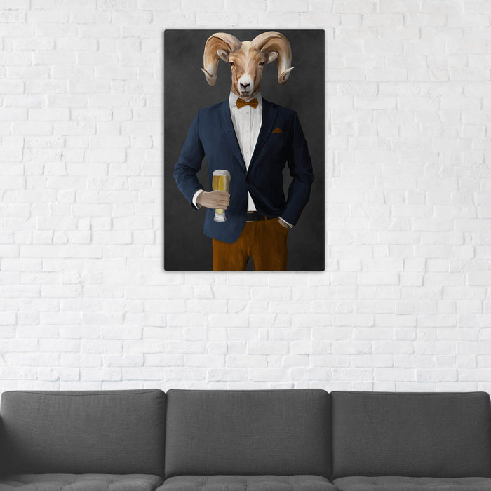 Ram Drinking Beer Wall Art - Navy and Orange Suit