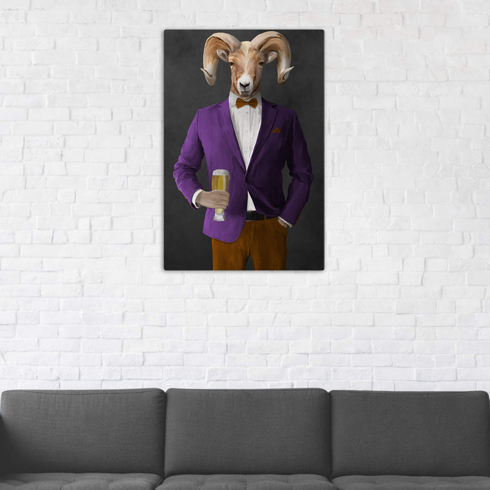 Ram Drinking Beer Wall Art - Purple and Orange Suit