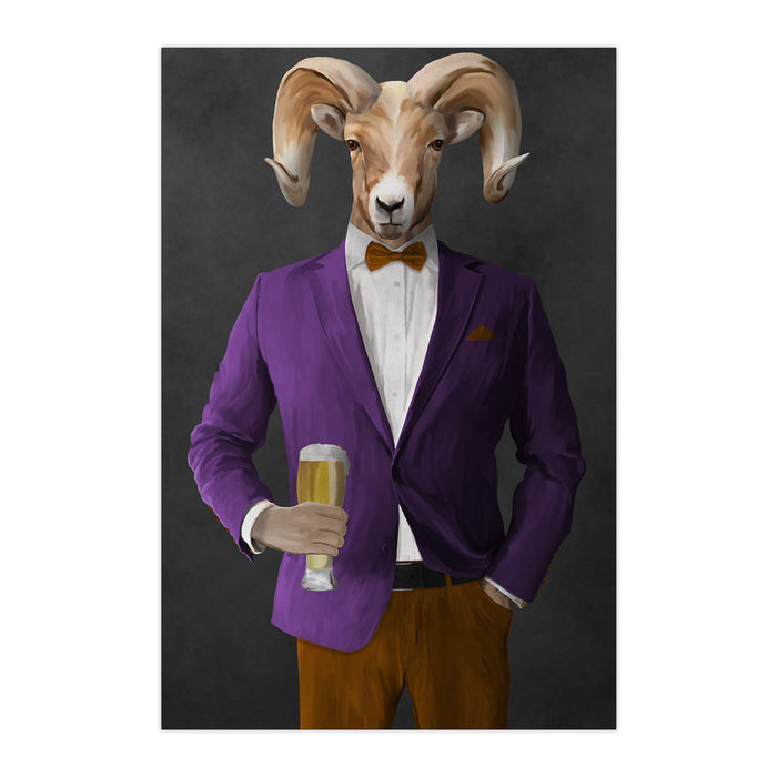 Ram Drinking Beer Wall Art - Purple and Orange Suit