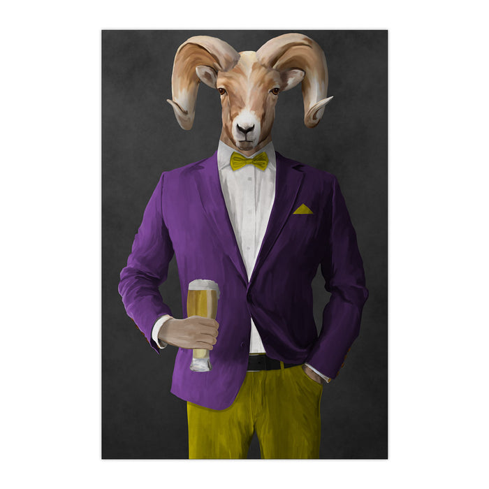 Ram Drinking Beer Wall Art - Purple and Yellow Suit