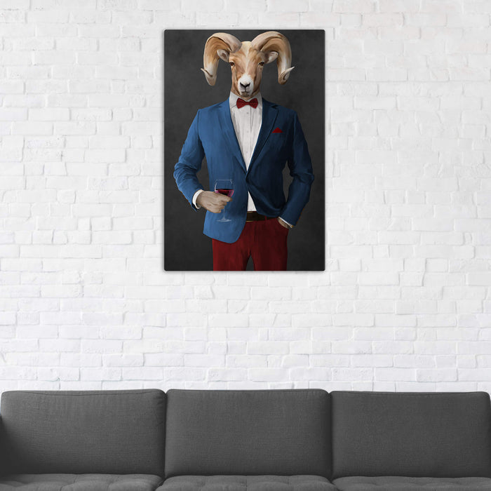 Ram Drinking Red Wine Wall Art - Blue and Red Suit