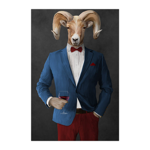 Ram Drinking Red Wine Wall Art - Blue and Red Suit