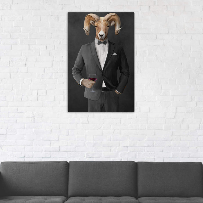 Ram Drinking Red Wine Wall Art - Gray Suit