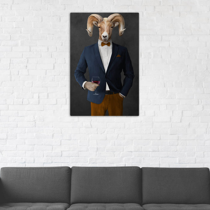 Ram Drinking Red Wine Wall Art - Navy and Orange Suit