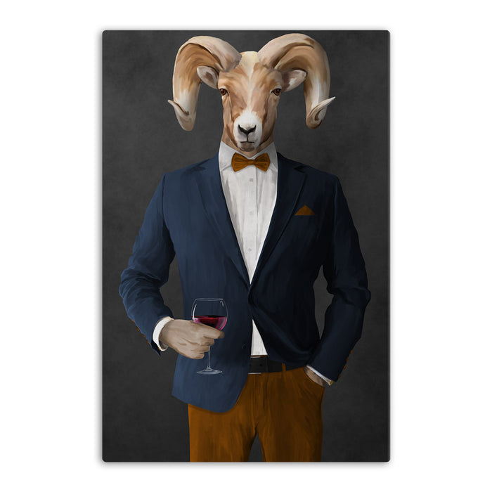 Ram Drinking Red Wine Wall Art - Navy and Orange Suit