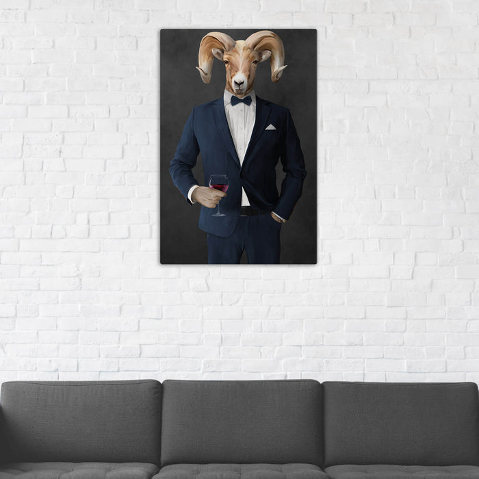 Ram Drinking Red Wine Wall Art - Navy Suit