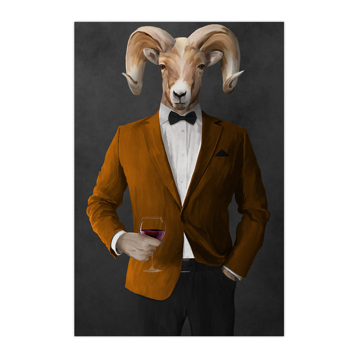 Ram Drinking Red Wine Wall Art - Orange and Black Suit